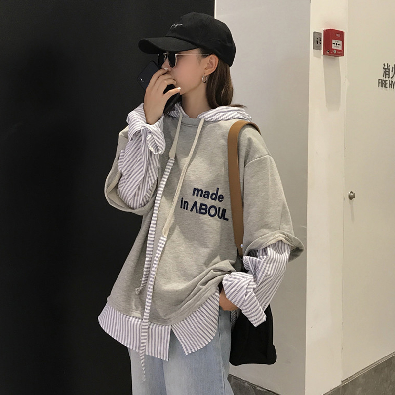 秋季女裝韓版刺繡字母假兩件連帽套頭衛衣中長款寬松長袖上衣外套