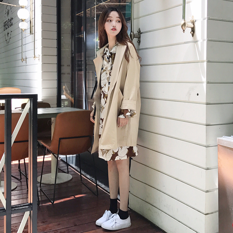 秋裝女裝韓版中長款寬松西裝領一粒扣風衣長袖休閑大衣上衣外套潮
