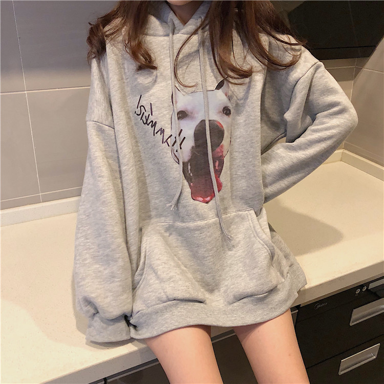 寬松連帽狗頭水印圖案加絨加厚下半身失蹤衛衣女秋冬2018新款上衣