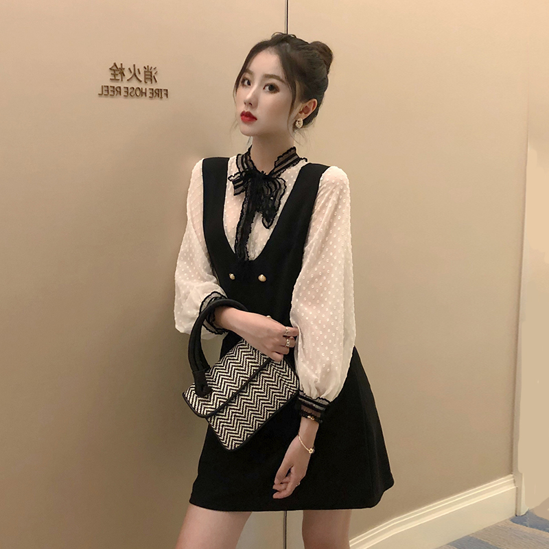 甜美時尚秋季網紅同款木耳邊蝴蝶結波點雪紡襯衫百搭背帶連衣裙女