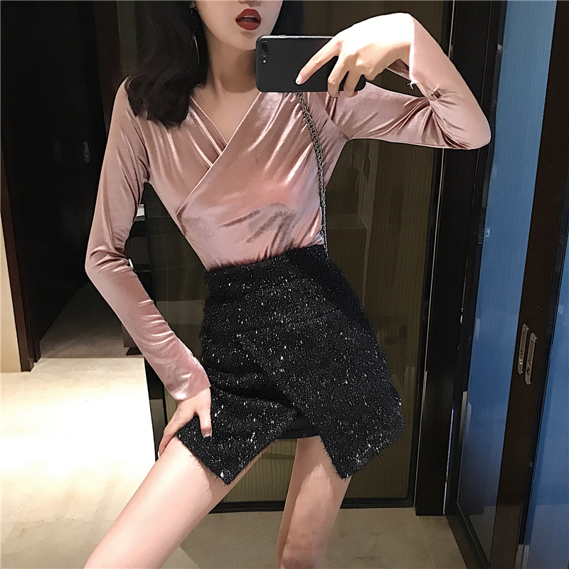 時尚新款性感套裝女顯瘦不規則半身裙氣質修身V領打底衫兩件套秋