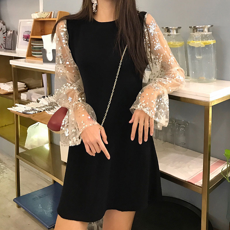 2018網紅針織亮片網紗拼接連衣裙女長袖早秋新款A字打底裙中長款